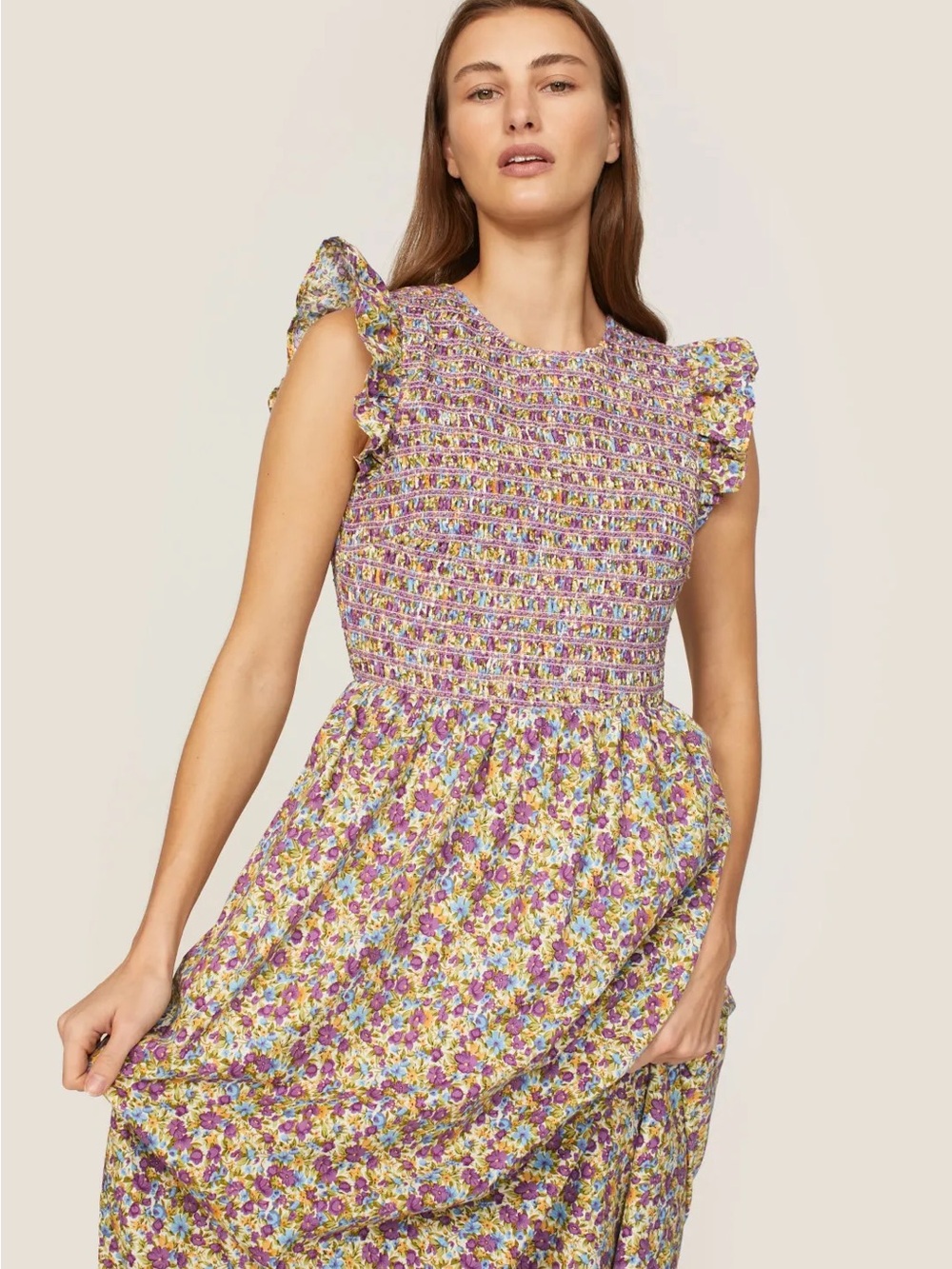English Factory Lavender and Yellow Floral Smocked Midi Dress